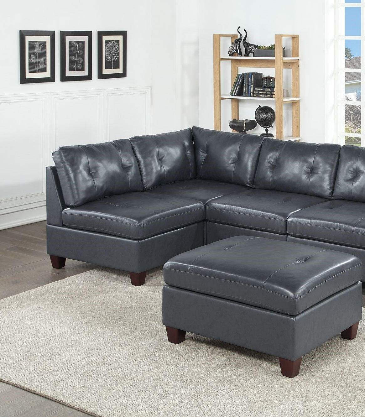 Contemporary Black Genuine Leather Modular Sectional Set with Tufted Detail