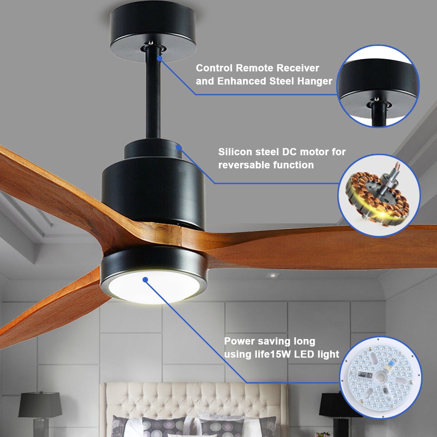 52 Wood Ceiling Fan with Remote Control and 3 Light Color Options