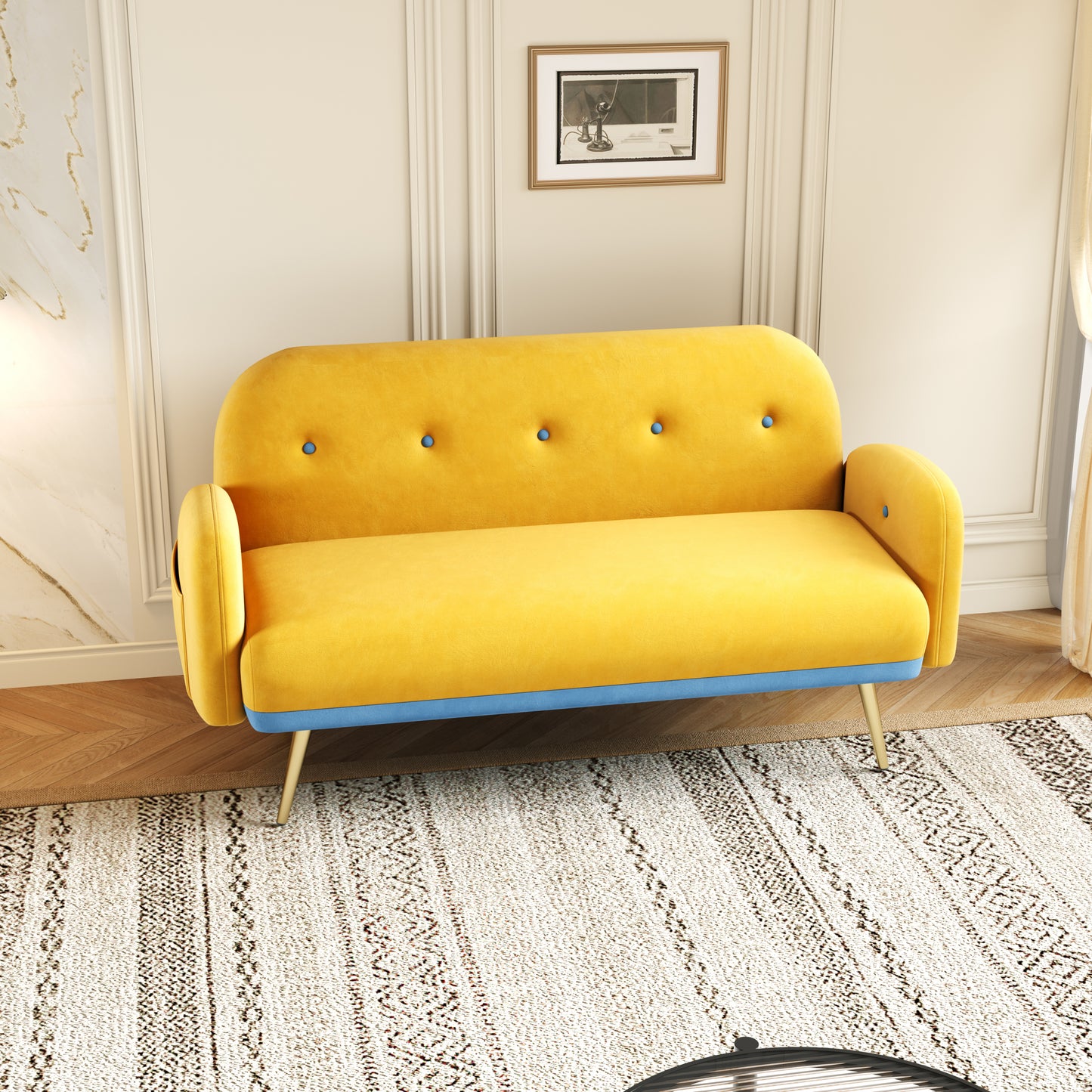 Yellow Velvet Sofa with Two Pillows for Small Spaces