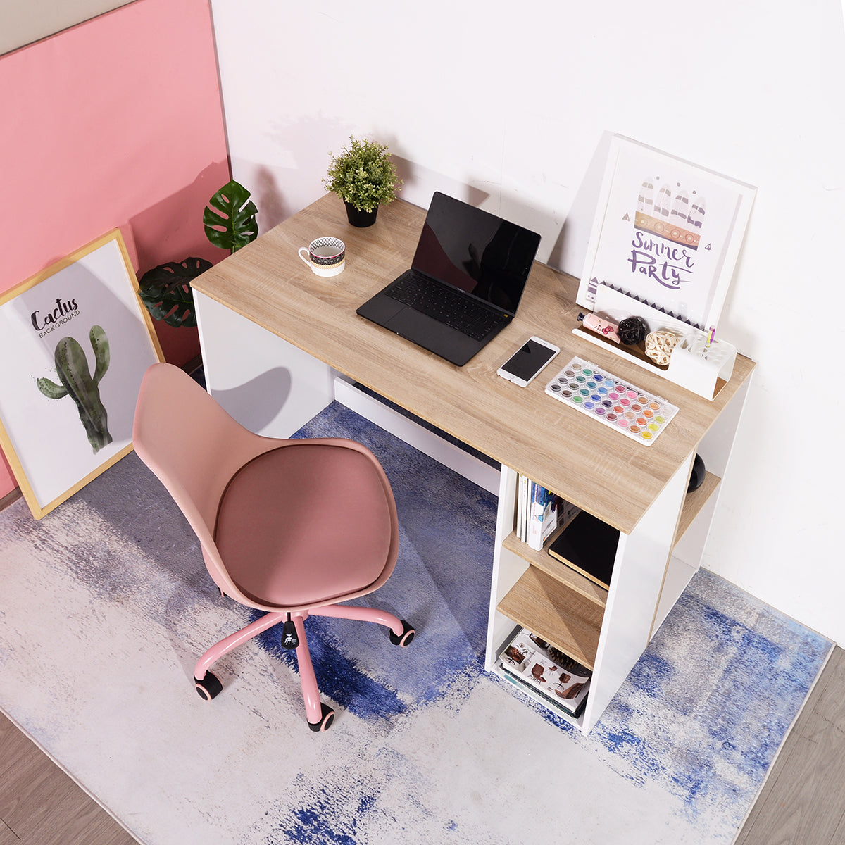 Modern Oak White Computer Desk with 5 Storage Shelves for Small Spaces