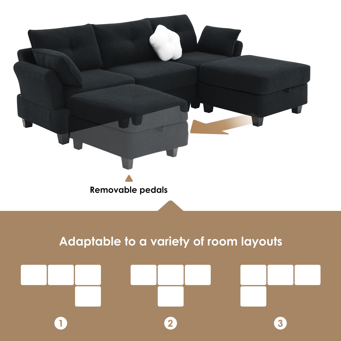 Modern Teddy Velvet Sectional Sofa with Charging Ports and Storage Ottoman - 4 Seat L-shaped Couch