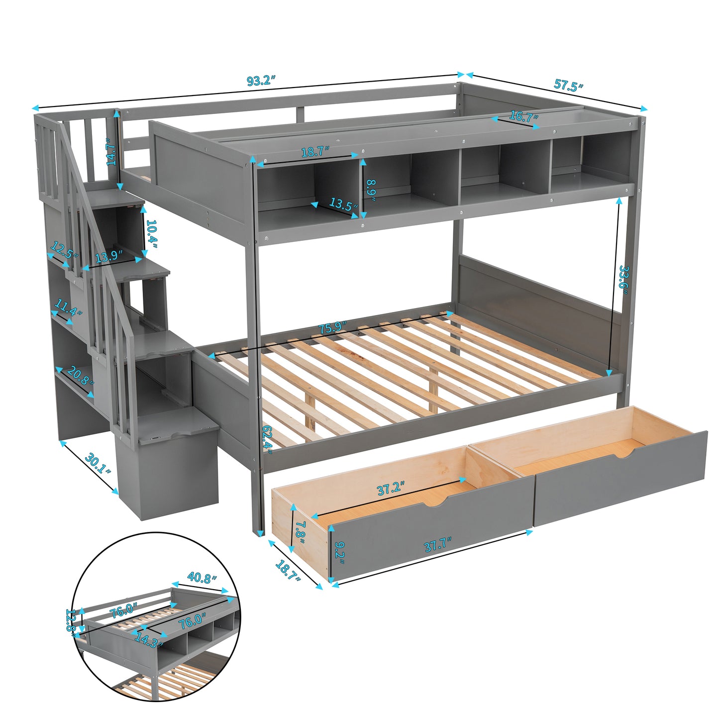 Twin over Full Bunk Bed with Storage Staircase, Drawers, and Shelfs in Gray