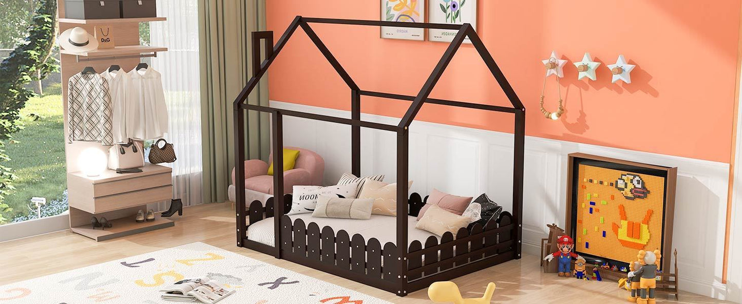Full Size Wood Bed House Bed Frame with Fence,for Kids,Teens,Girls,Boys (Espresso )