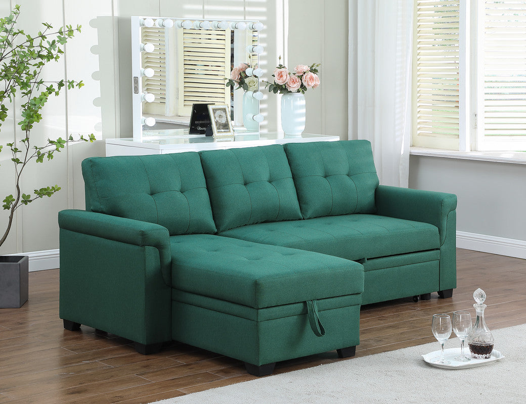 Lucca Emerald Linen Reversible Sleeper Sectional Sofa with Storage Chaise