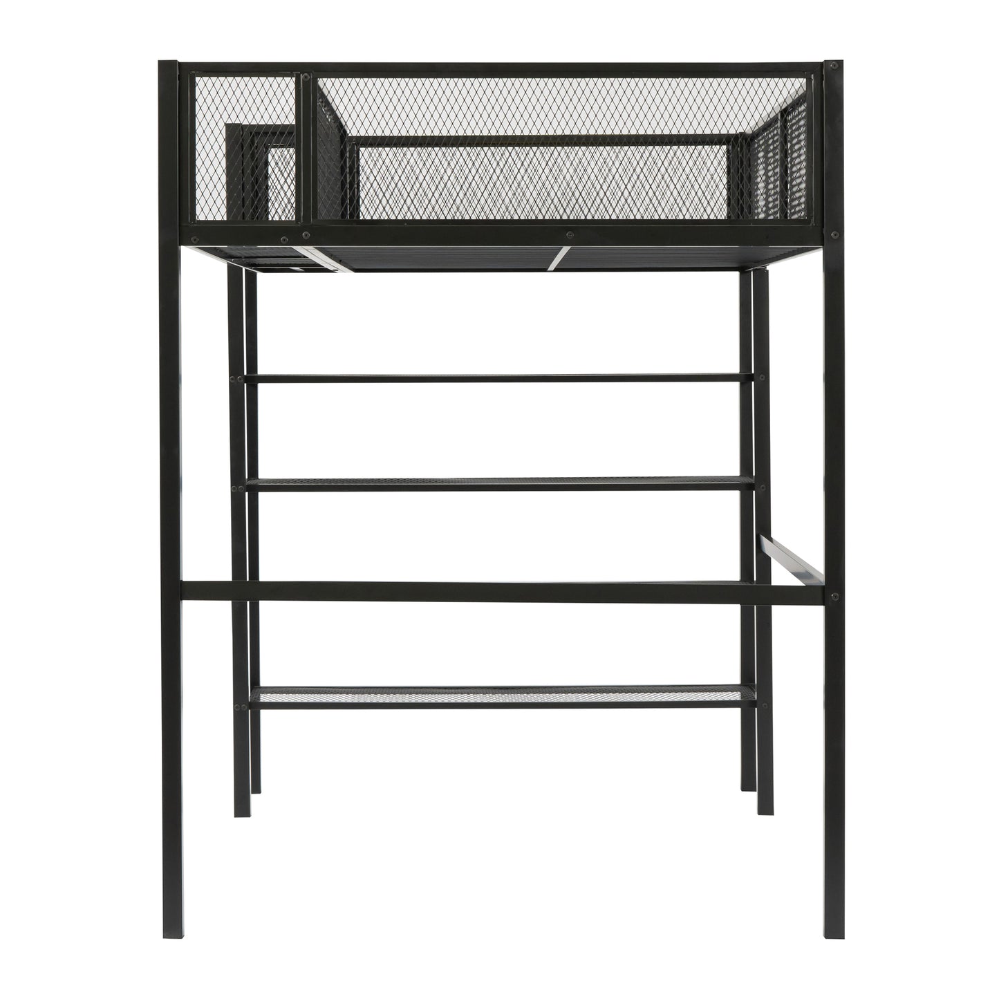 Twin Size Metal Loft Bed with 4-Tier Shelves and Storage, Black