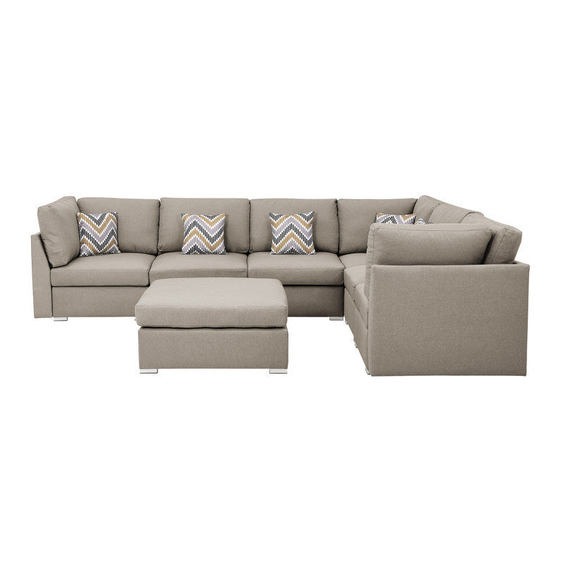 Amira Beige Fabric Modular Sectional Sofa Set with Ottoman and Pillows