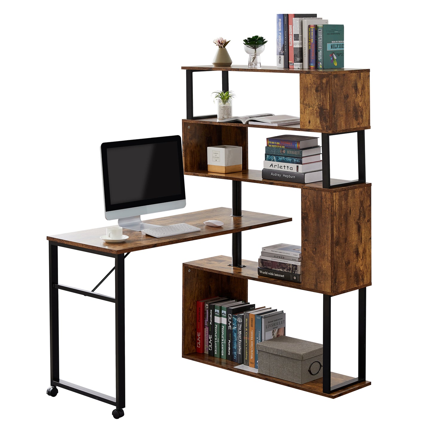 Modern L-Shaped Computer Desk with Rotating Bookshelf - Brown Tiger Wood