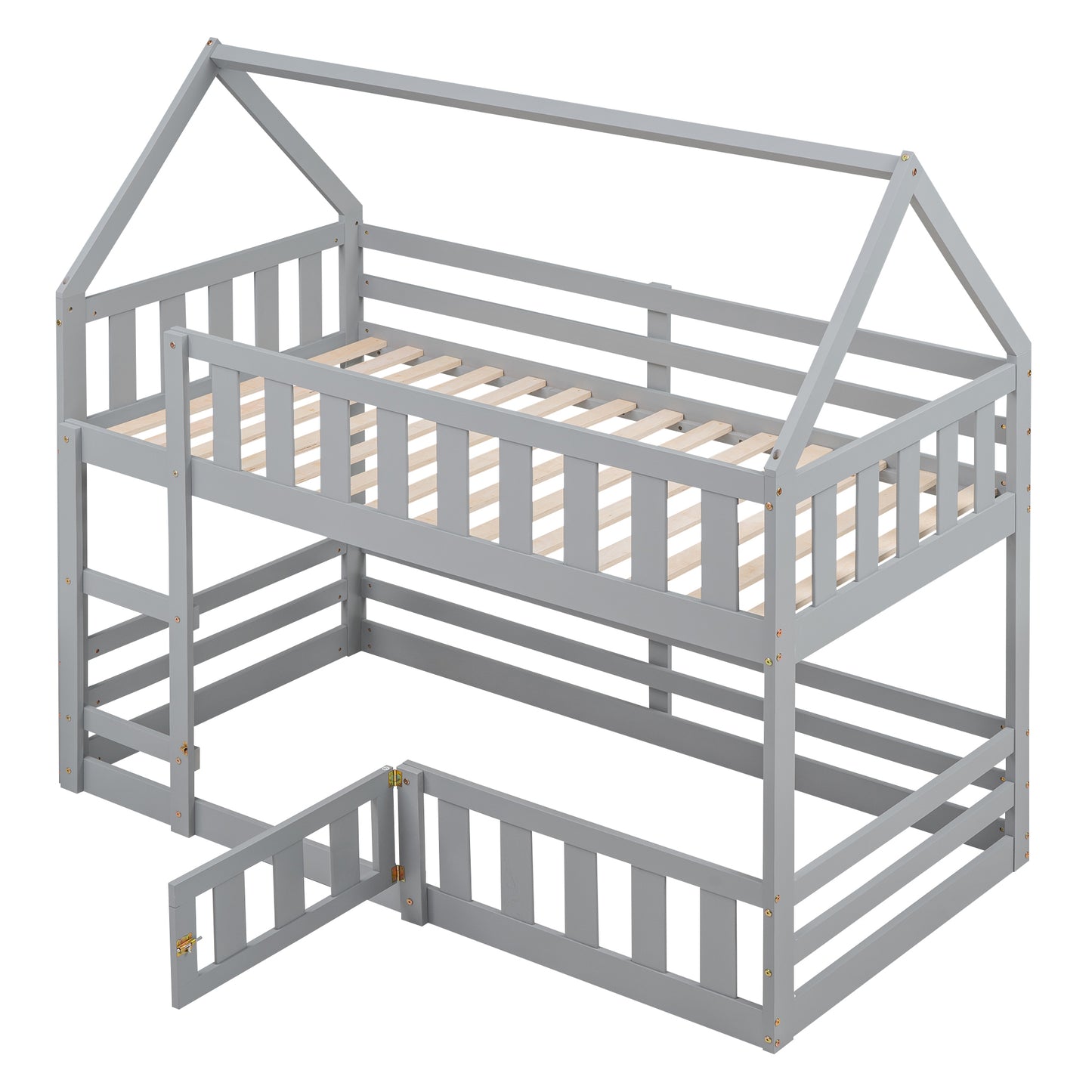 Twin House Bunk Bed with Gray Fence and Door