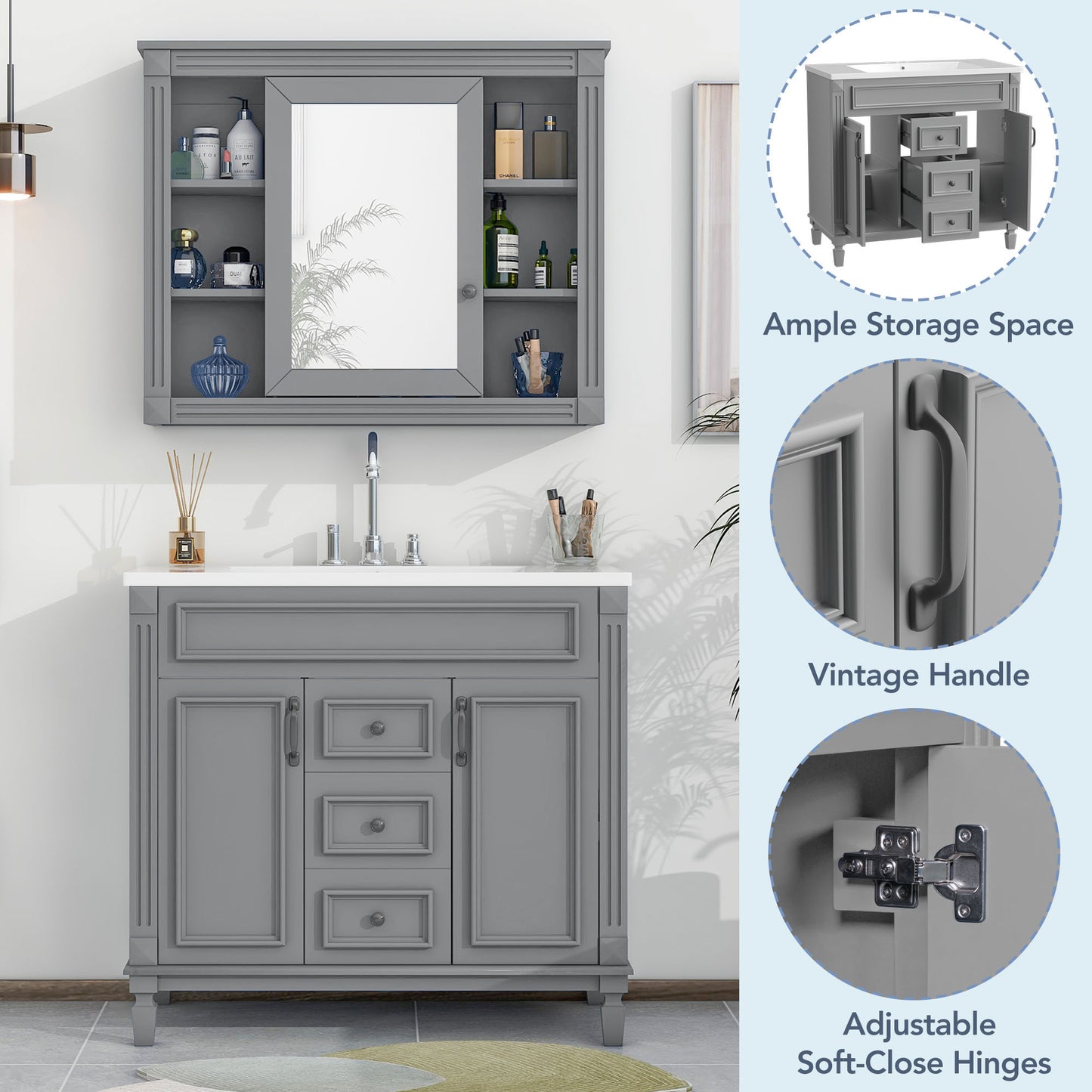 36'' Bathroom Vanity with Top Sink, Grey Mirror Cabinet, Modern Bathroom Storage Cabinet with 2 Soft Closing Doors and 2 Drawers, Single Sink Bathroom Vanity