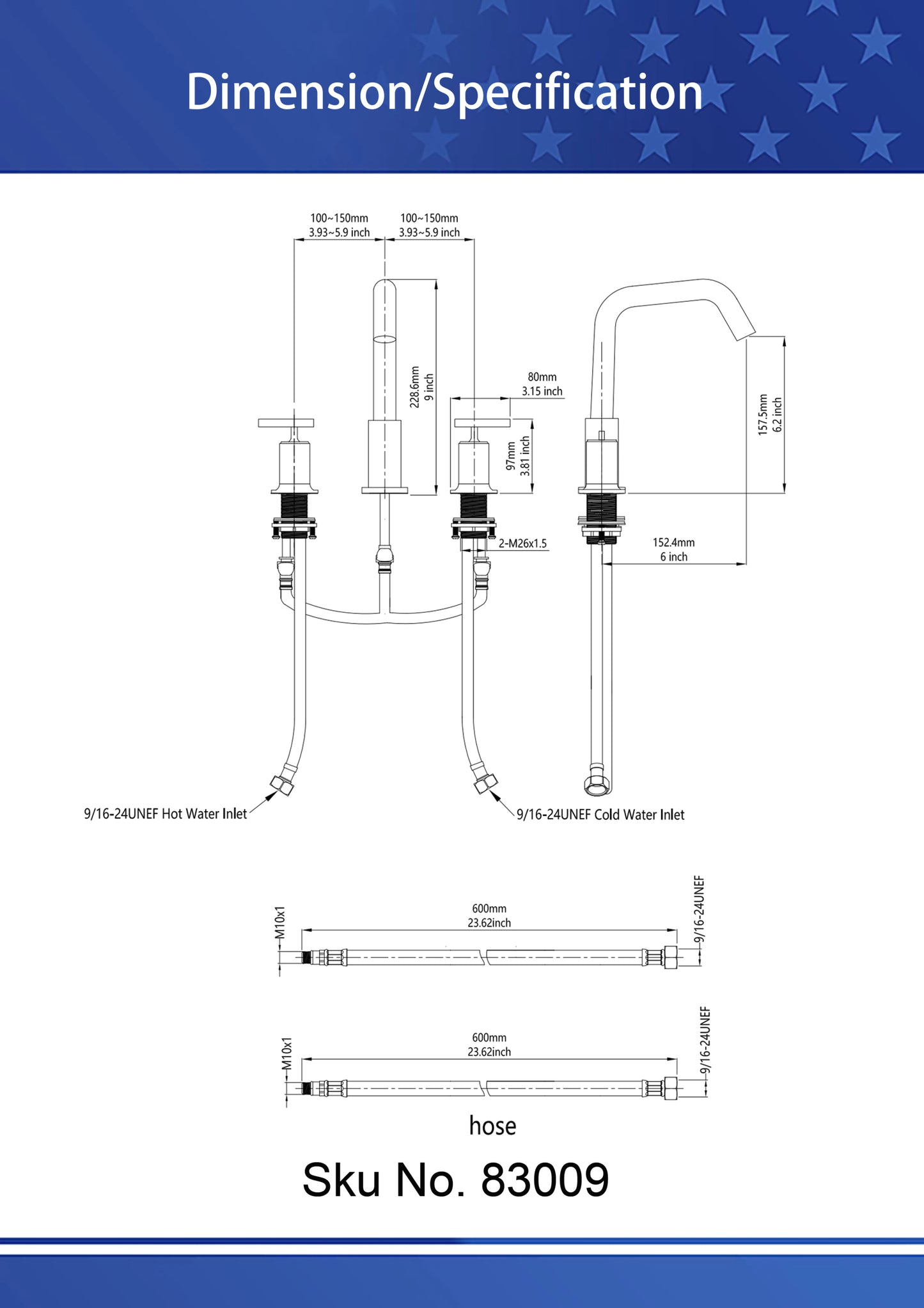 Matte Black 8 Inch 3 Hole Bathroom Faucet Set with Valve and Pop-Up Drain Assembly