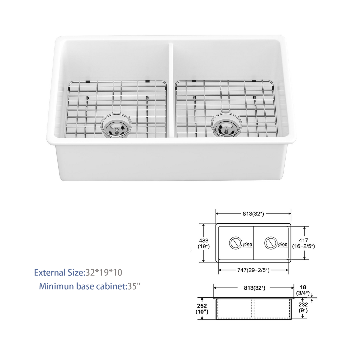 Versatile 32-Inch White Ceramic Double Bowl Kitchen Sink