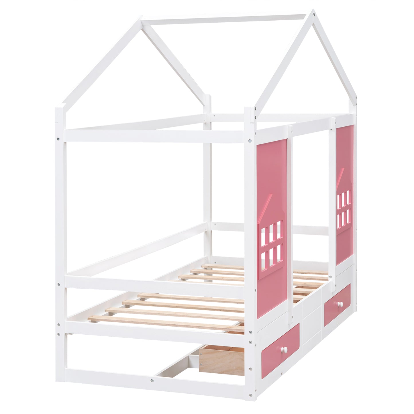 Twin Size Wood House Bed with 2 Drawers and Window Decoration, White+Pink