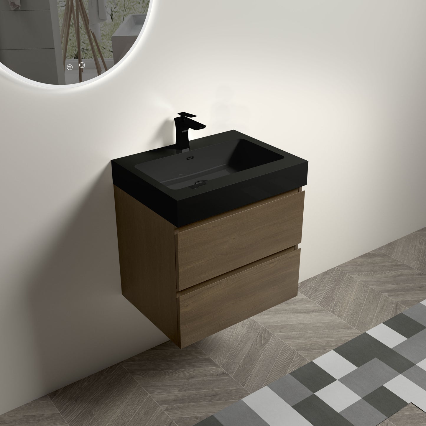 U043-Alice24-111 Alice 24" Dark Oak Bathroom Vanity with Black Sink, Large Storage Wall Mounted Floating Bathroom Vanity for Modern Bathroom, One-Piece Black Sink Basin without Drain and Faucet