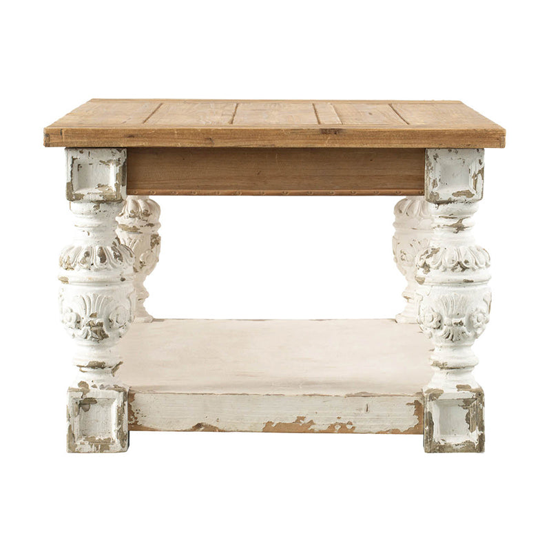 French Country Wooden Coffee Table with Ornate Legs and Storage Shelf