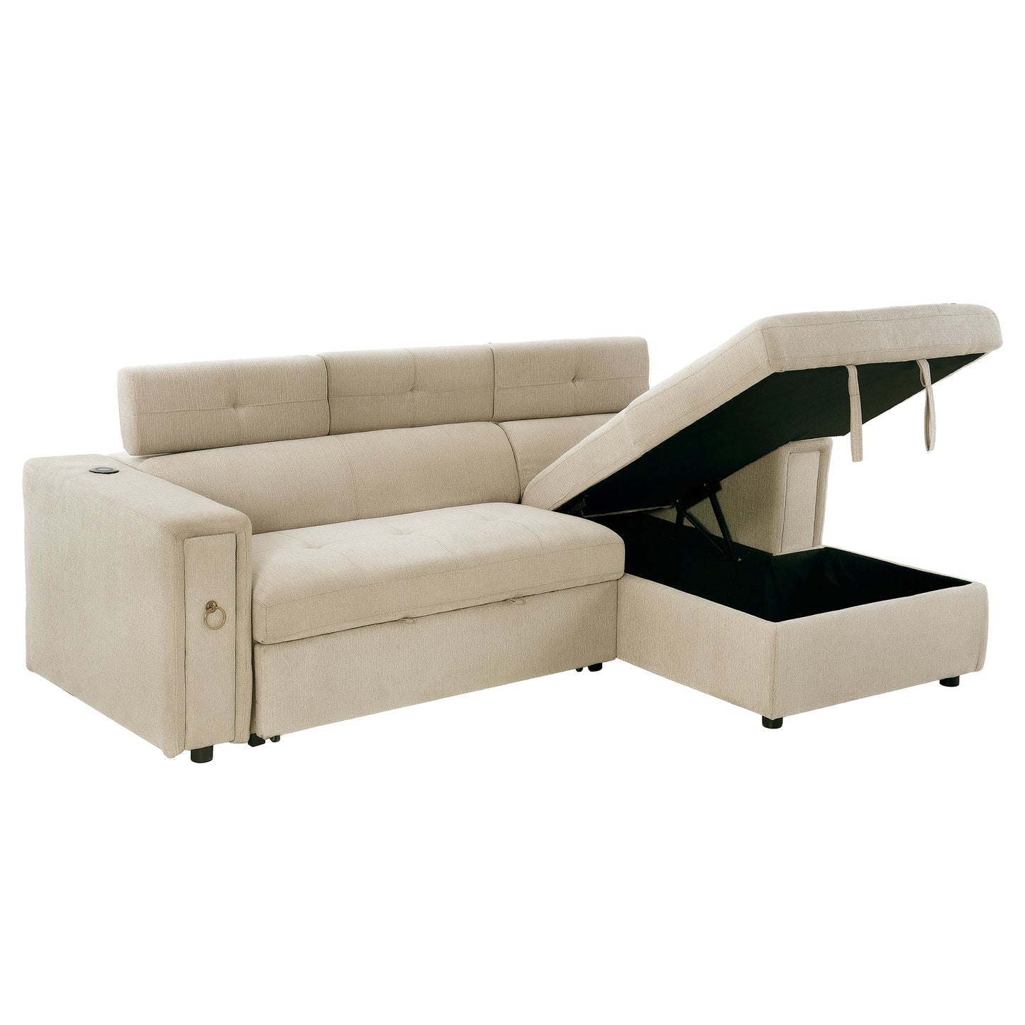 L-Shaped Sectional Sofa with Hidden Storage, Adjustable Headrest, Wireless Charging, and Cup Holders