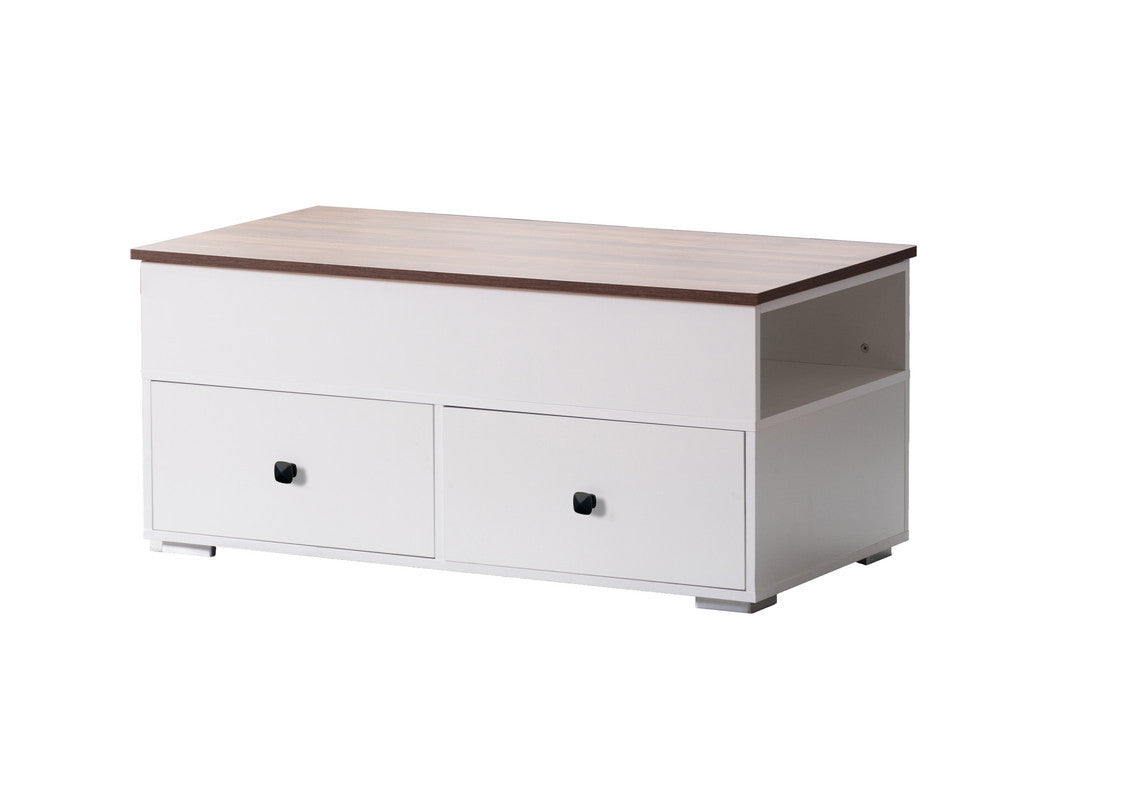 Luna White Coffee Table with Walnut Finish Lift Top, 2 Drawers, and 2 Shelves for Stylish Organization