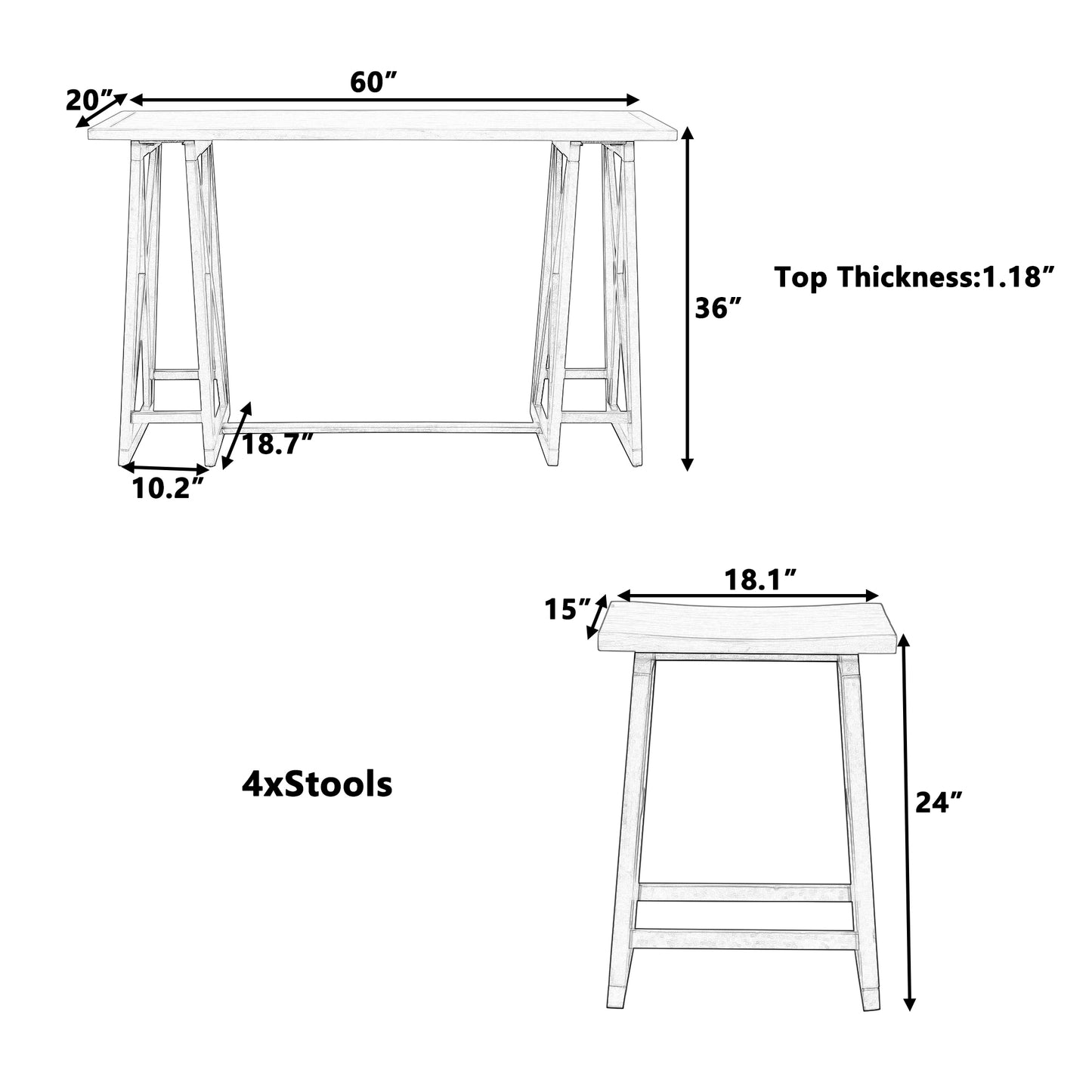 Rustic Counter Height 5-Piece Dining Set, Wood Console Table Set with 4 Stools for Small Places,Grey