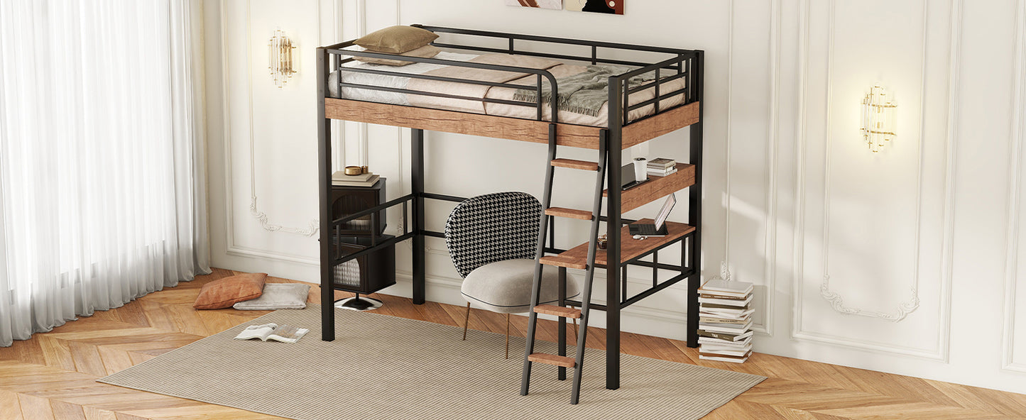 Metal Twin Size Loft Bed with Built-in Desk, Storage Shelf and Ladder, Black