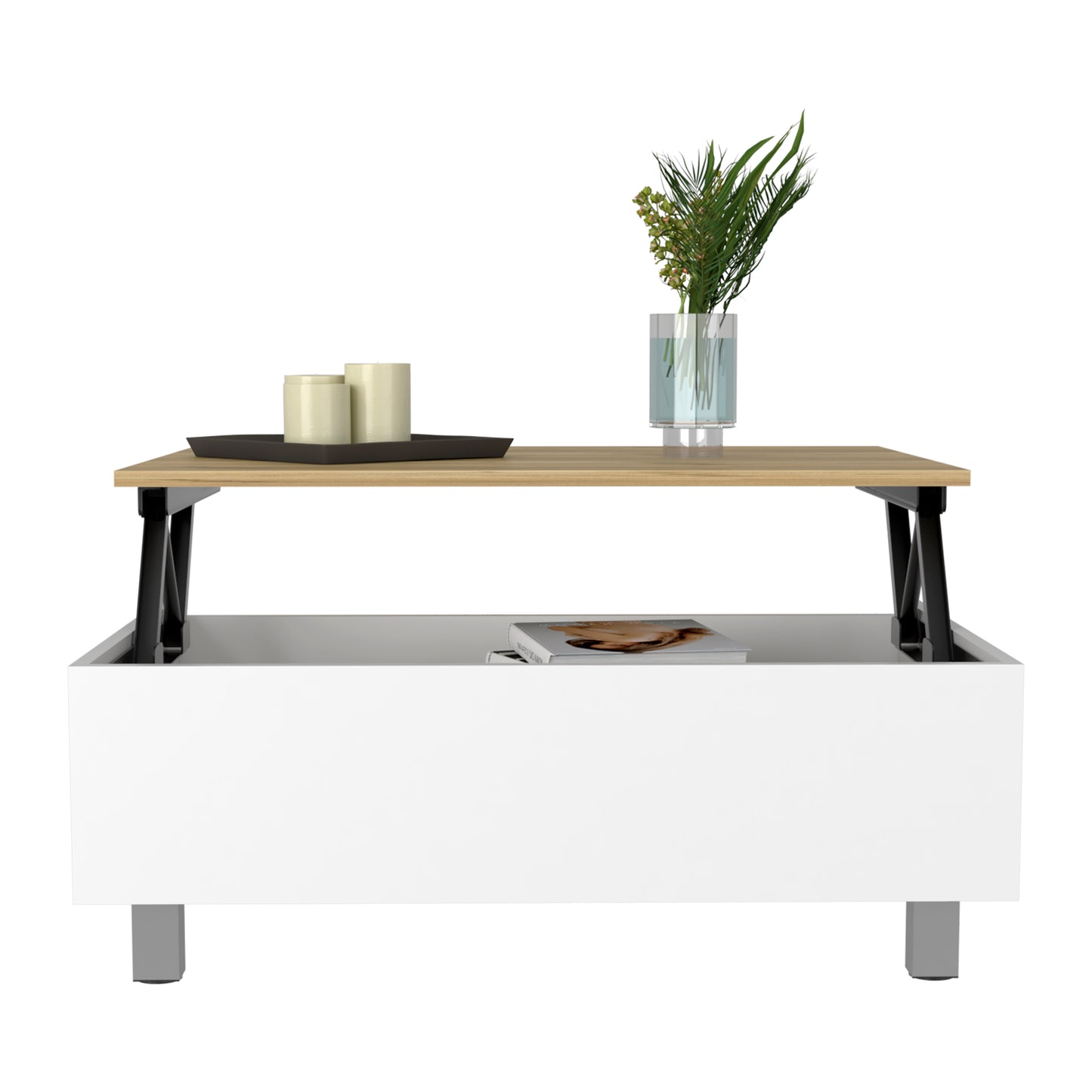 Elegant Lift Top Coffee Table in White and Light Oak with Four Legs