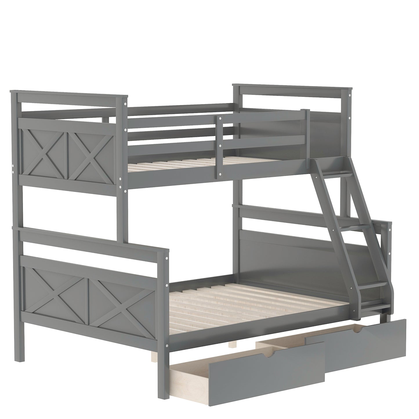 Versatile Gray Twin over Full Bunk Bed with Storage Drawers, Guardrail, and Ladder