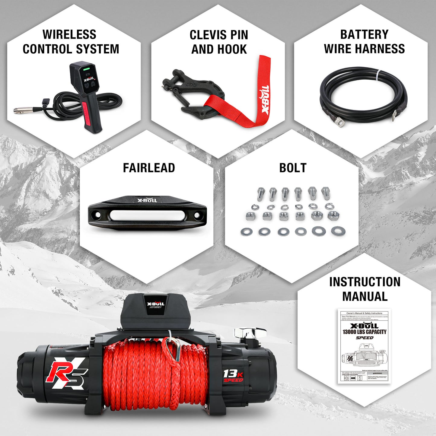 X-BULL 13000 LBS 12V Electric Winch with Wireless Remote and Synthetic Rope for UTVs/SUVs Jeep Towing Truck 4WD - High-Performance Off-Road Winch