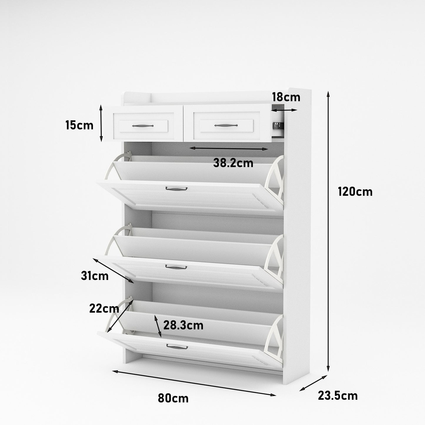 White color shoe cabinet  with 3 doors 2 drawers,PVC door with shape ,large space for storage