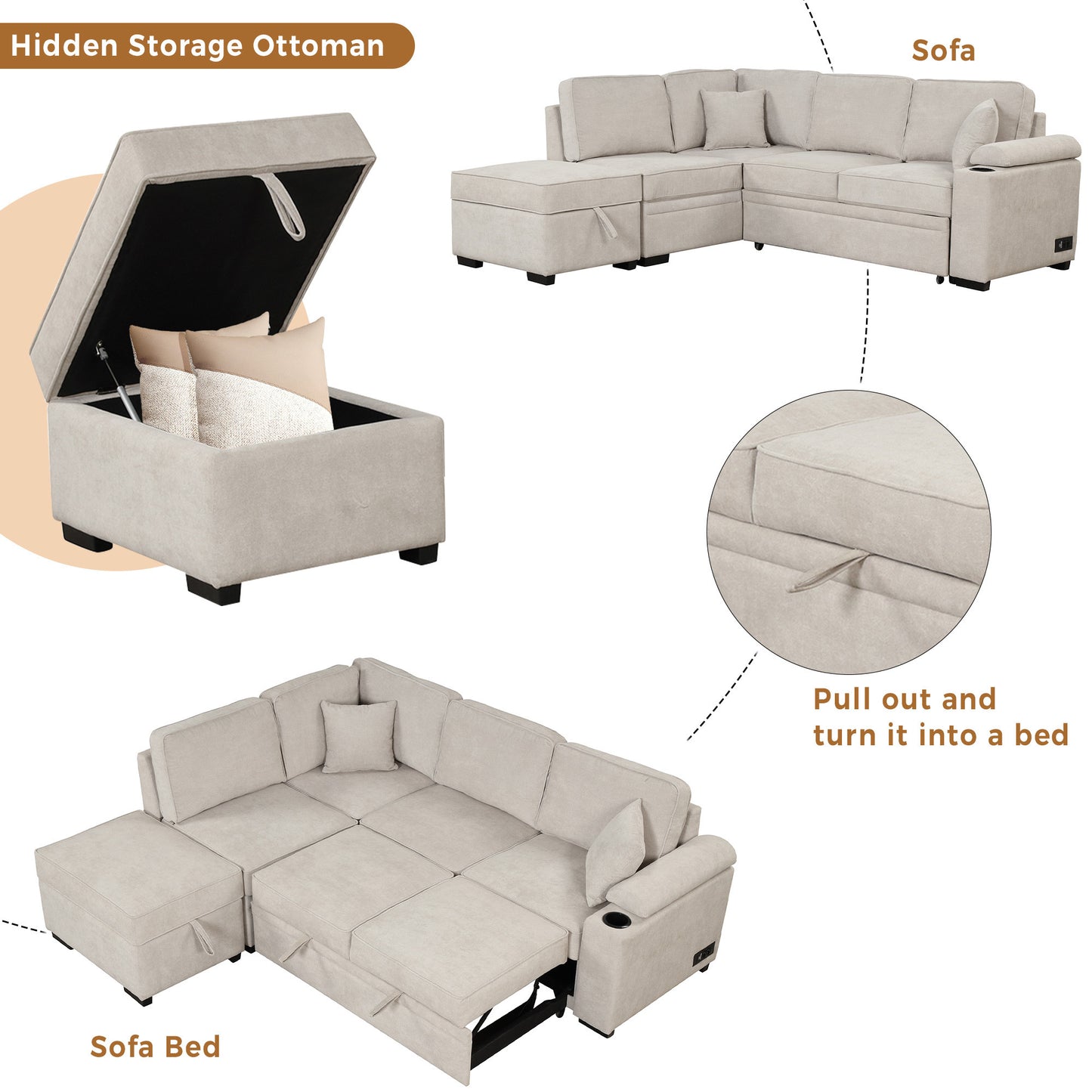 87.4 Beige L-Shape Sleeper Sofa Bed with Storage Ottoman