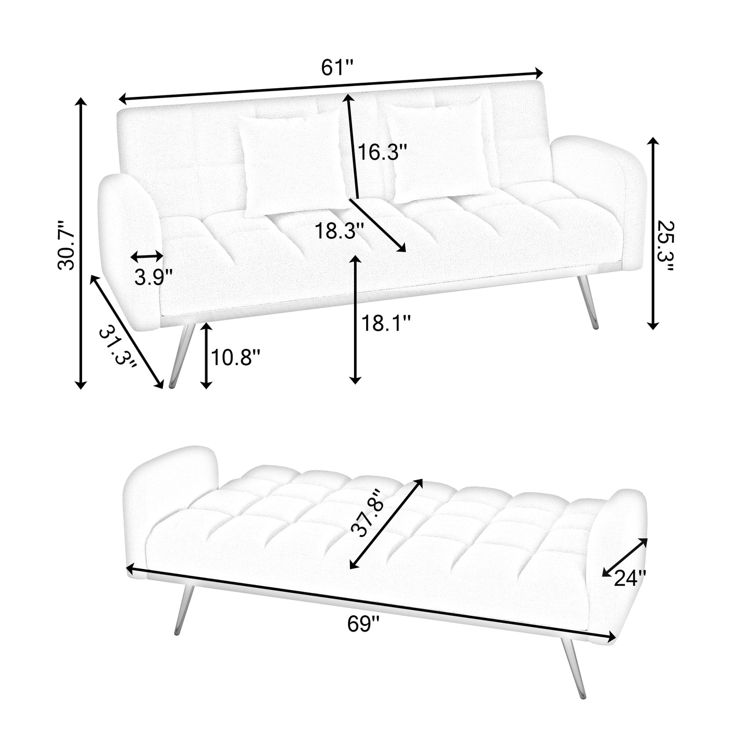 69-Inch Beige Sofa Bed with Adjustable Sofa, Teddy Fleece, and 2 Throw Pillows