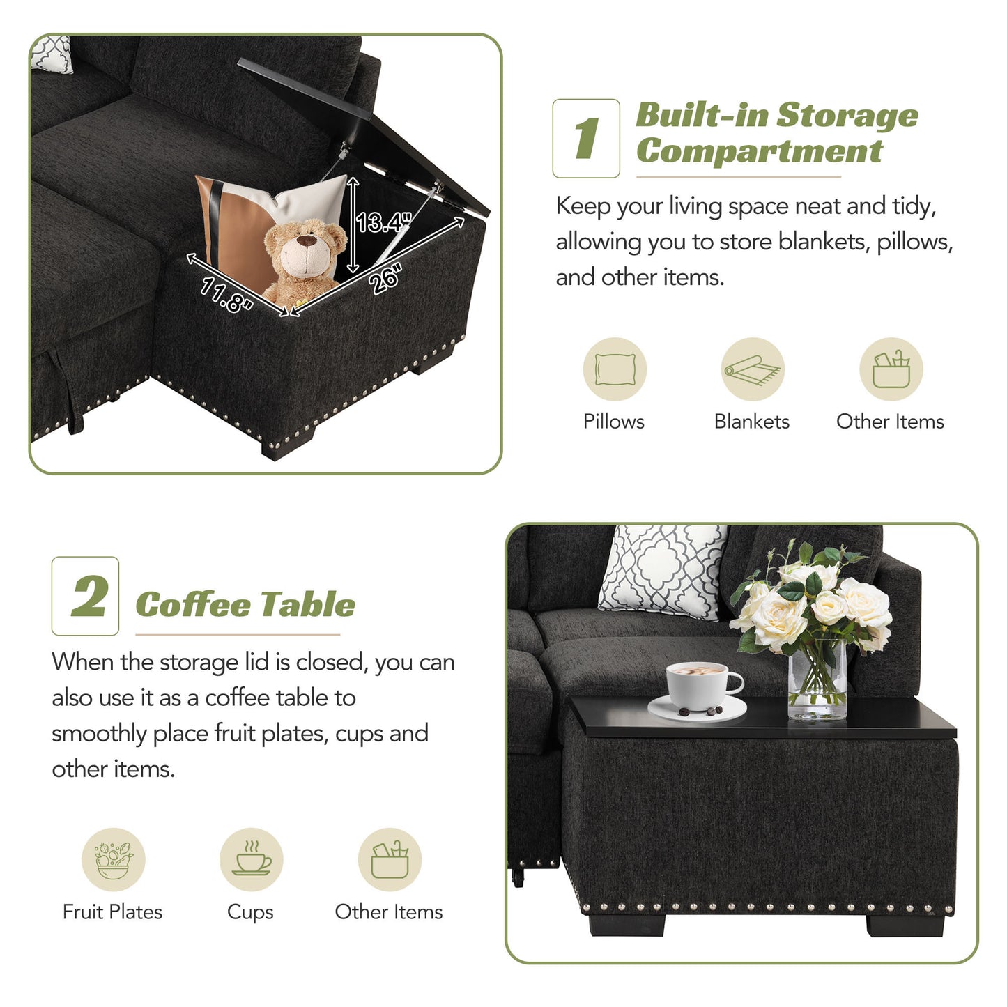 83.8 L-Shaped Reversible Sectional Sleeper Sofa with Cup Holder and USB Ports, Black