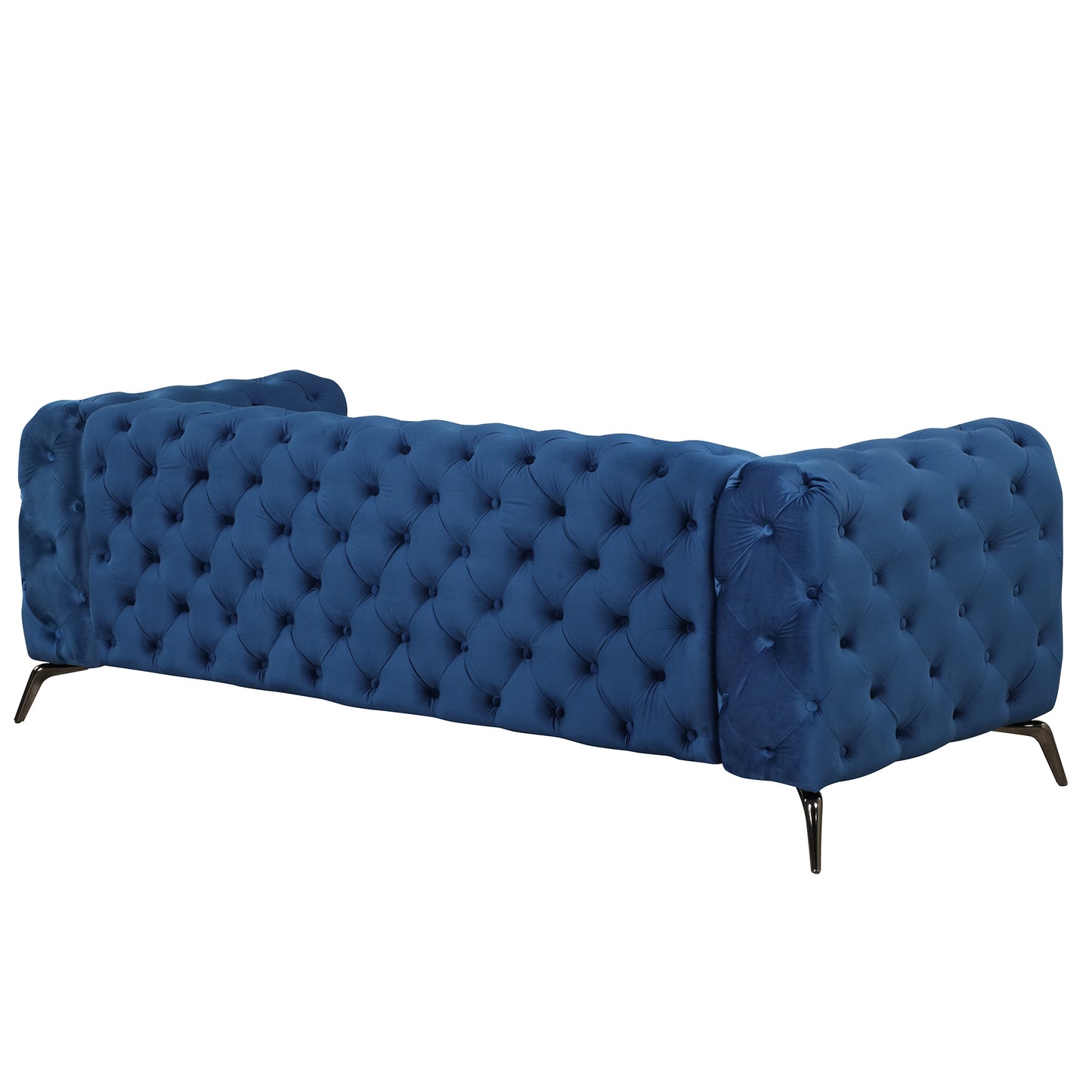 Modern Blue Velvet Upholstered 3 Seater Sofa with Button Tufted Back and Sturdy Metal Legs