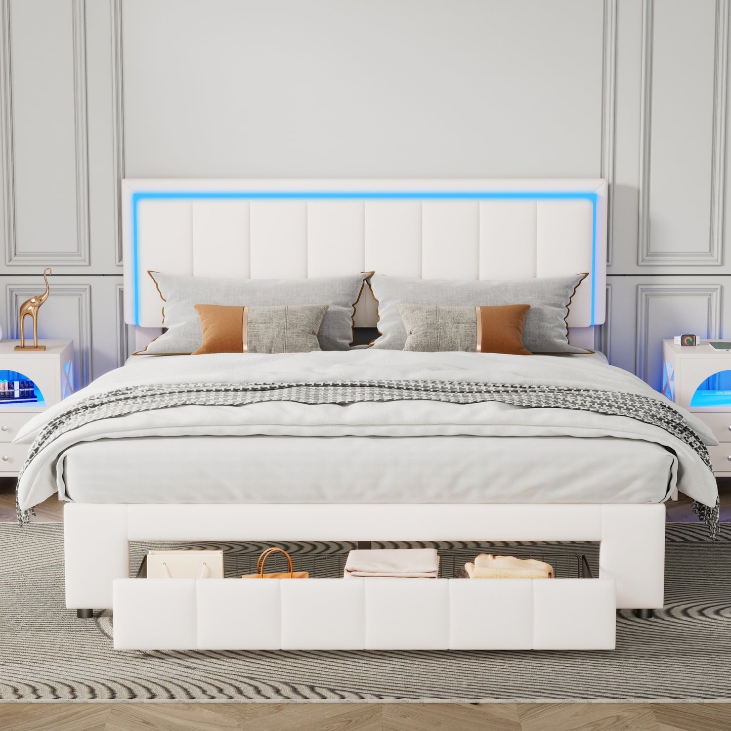 Upholstered Platform Bed with LED Lights and Two Motion Activated Night Lights,Queen Size Storage Bed with Drawer,White