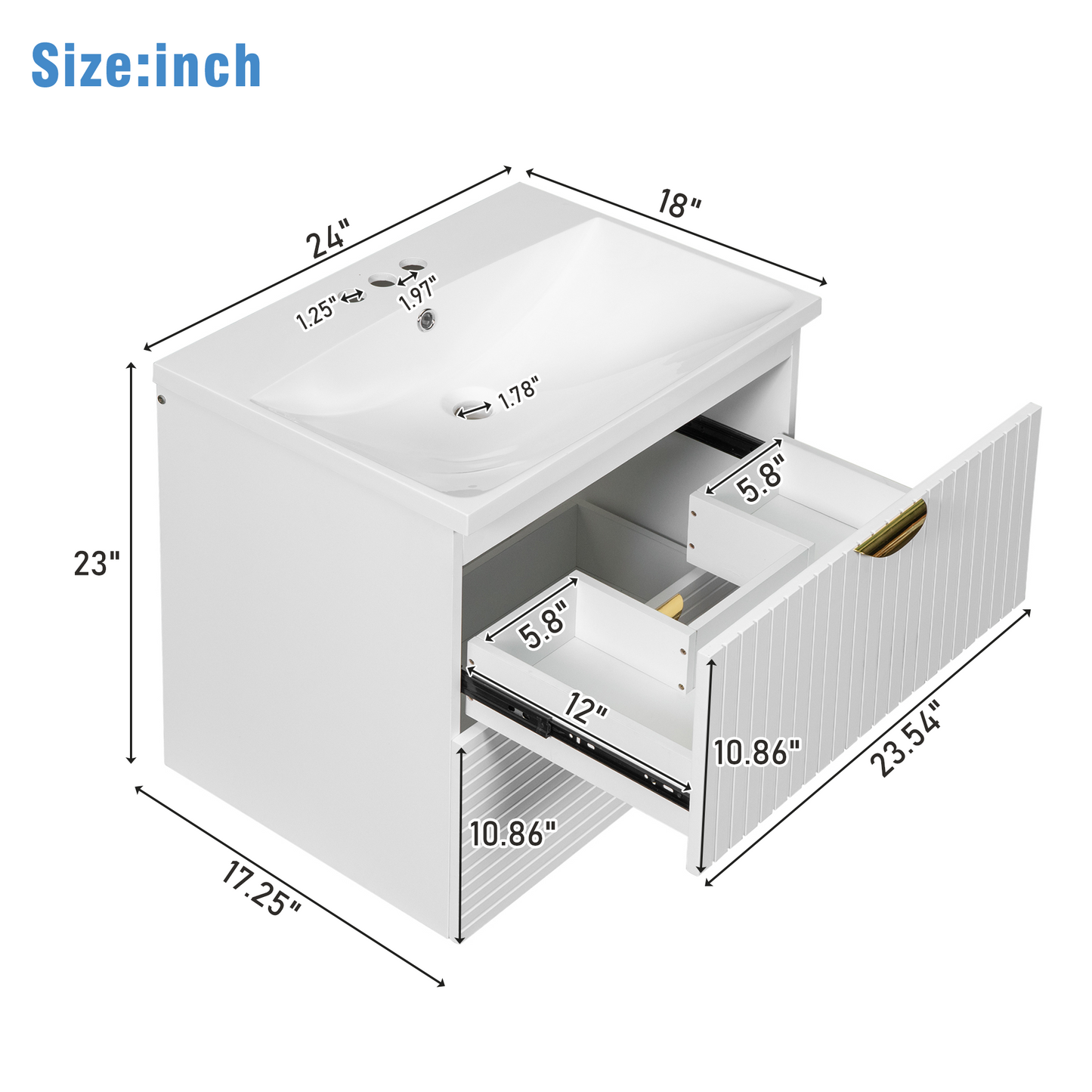 Modern 24-Inch Wall-Mounted Bathroom vanity with 2 Drawers, White  - Ideal for Small Bathrooms