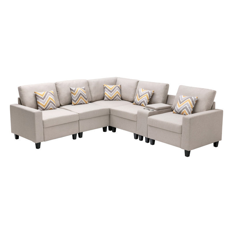 Beige Linen Fabric 6-Piece Reversible Sectional Sofa with USB, Cupholders, Storage Console Table and Pillows