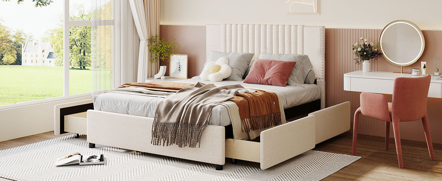 Full Size Upholstered Platform Bed with Classic Headboard and 4 Drawers, Linen Fabric, Beige