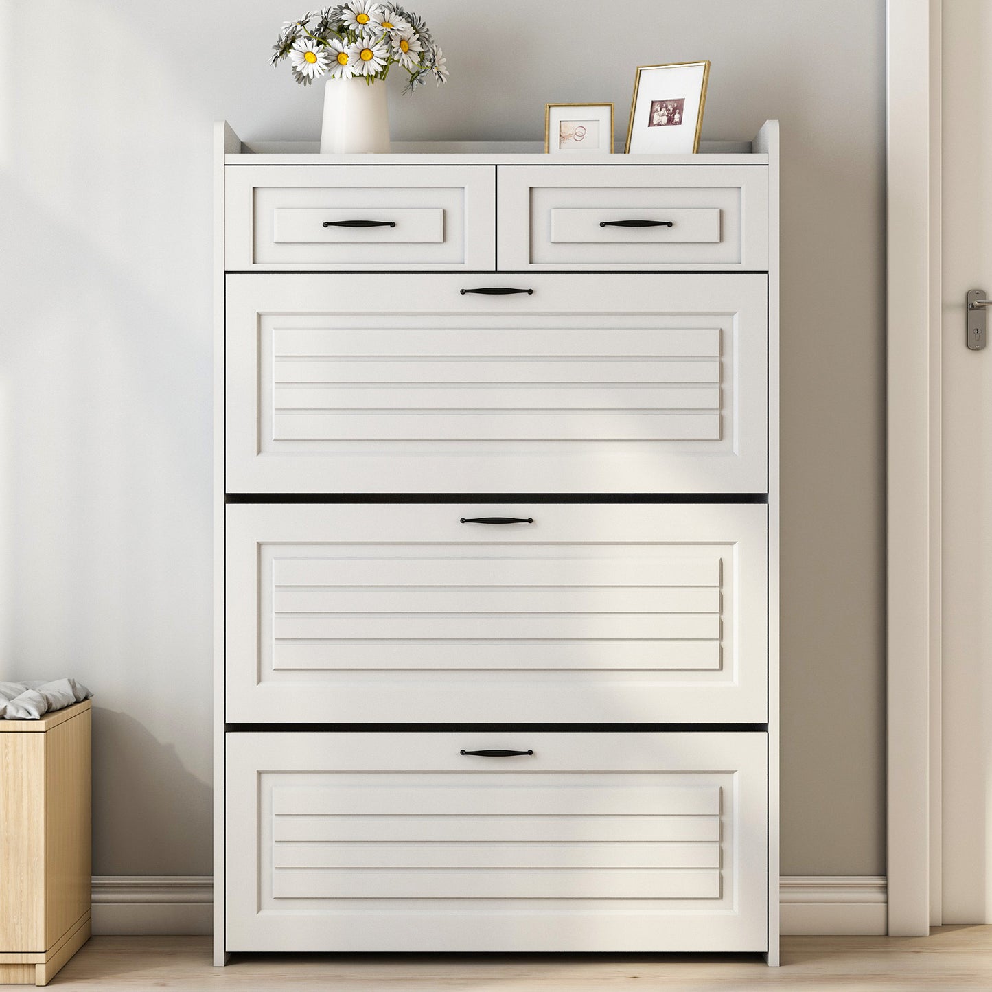 White color shoe cabinet  with 3 doors 2 drawers,PVC door with shape ,large space for storage