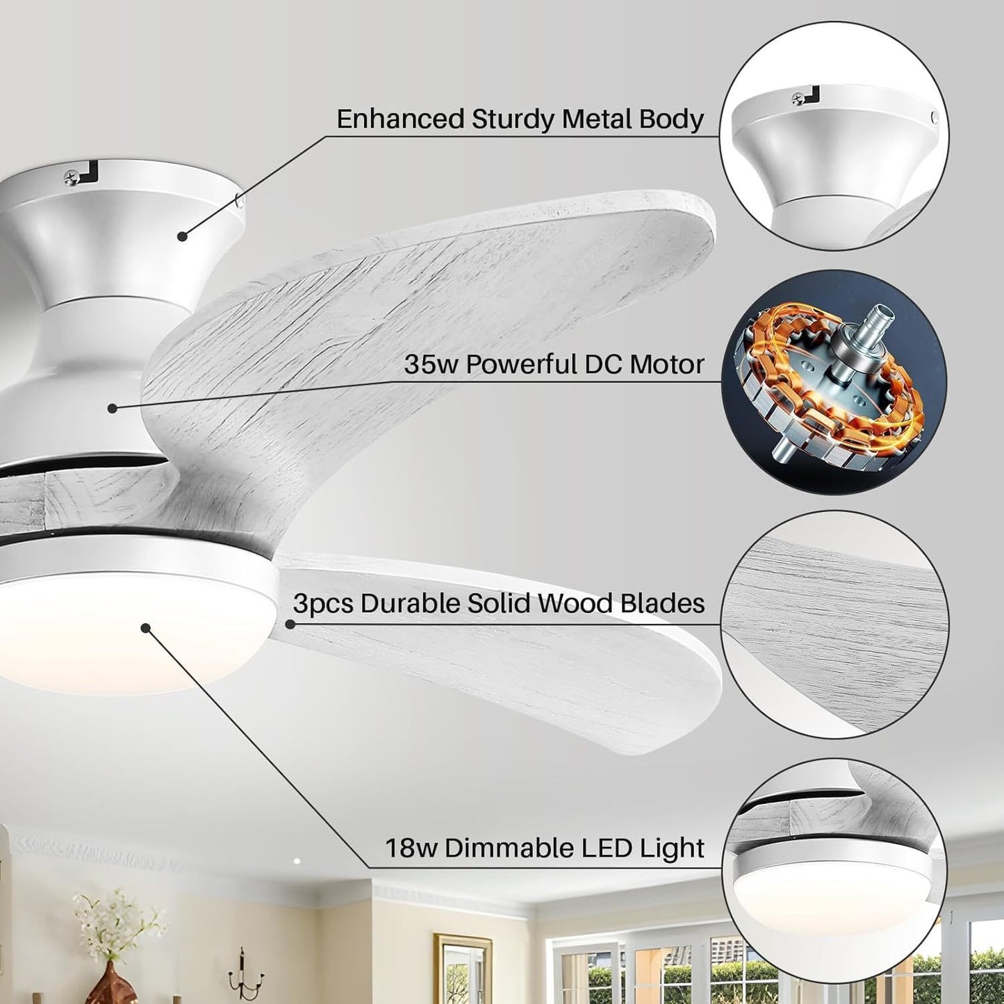 52 Inch High-Quality Wood Blade Ceiling Fan with Smart Control and Reversible DC Motor