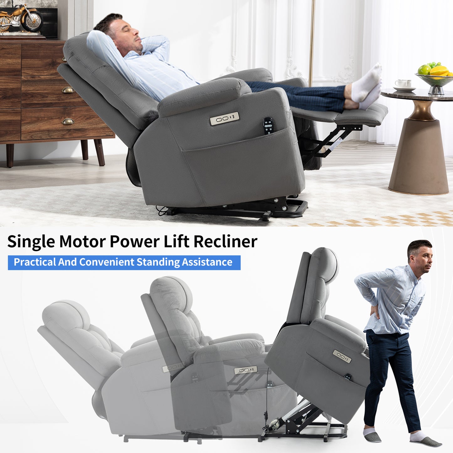 Grey Lift Recliner Chair with Massage, Heat, USB Ports, and Lumbar Support