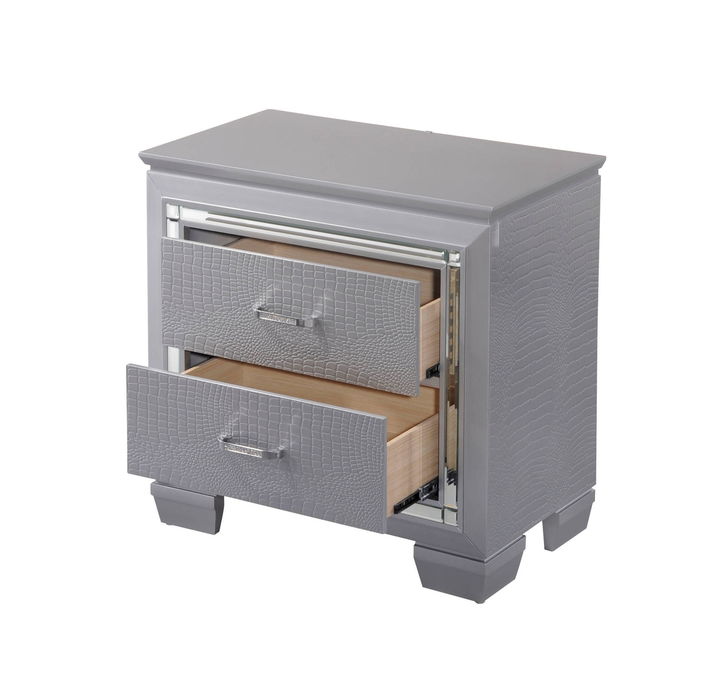 1pc Modern & Glam Style Two Drawers Nightstand Solid Wood Built-in Night Light Silver Crocodile Finish