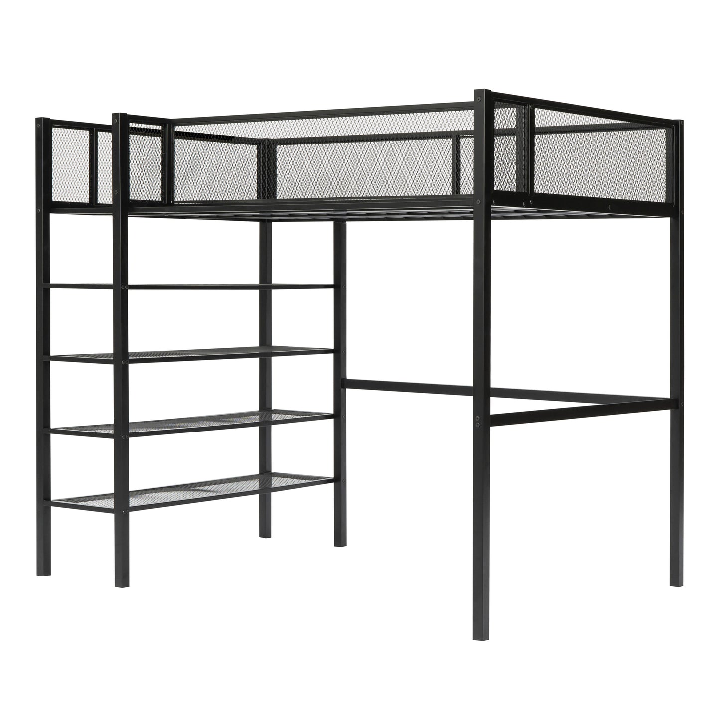 Twin Size Metal Loft Bed with 4-Tier Shelves and Storage, Black