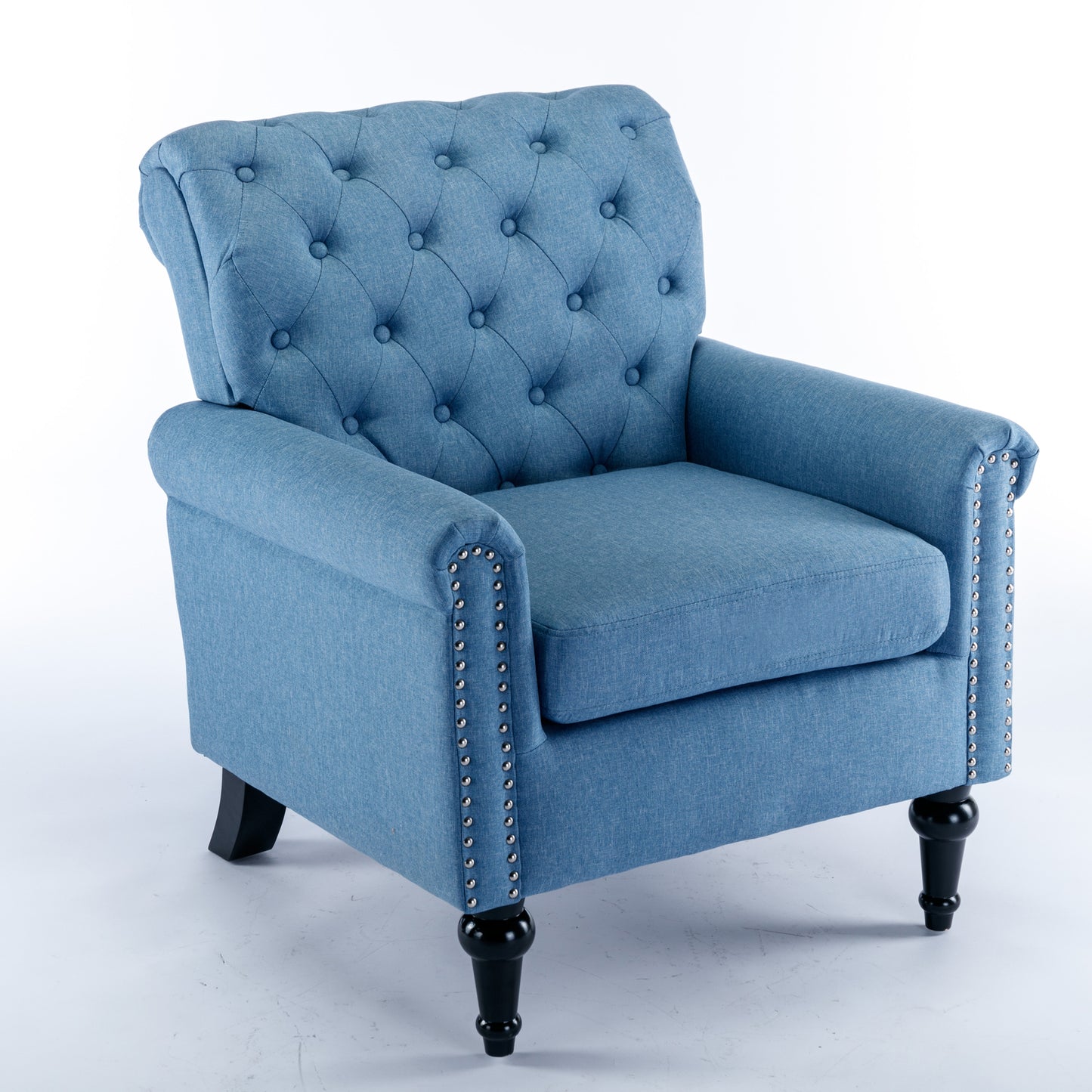 Accent Chairs for Bedroom, Midcentury Modern Accent Arm Chair for Living Room, Linen Fabric Comfy Reading Chair, Tufted Comfortable Sofa Chair, Upholstered Single Sofa, Blue