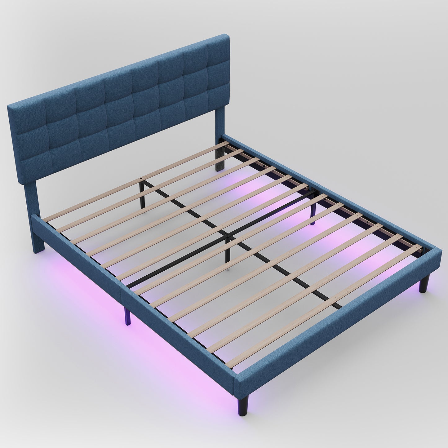 Queen Size Upholstered Platform Bed Linen Bed Frame with Lights Square Stitched Adjustable Headboard Strong Bed Slats System No Box Spring Needed Blue