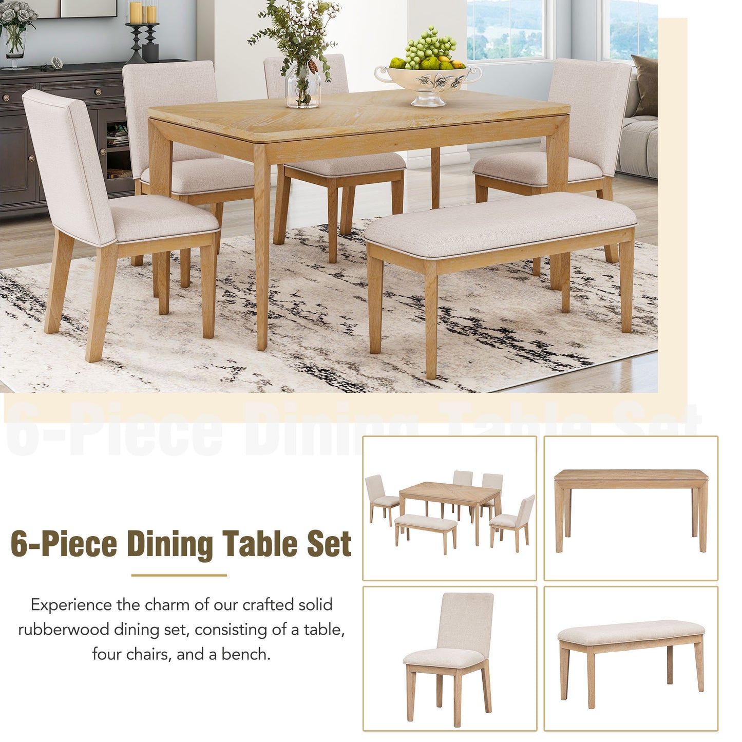 6-Piece Dining Table Set with Upholstered Dining Chairs and Bench,Farmhouse Style, Tapered Legs, Natural+Beige