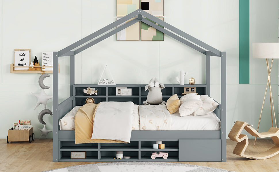 Full Size Wooden House Bed with Shelves and a Mini-cabinet, Gray