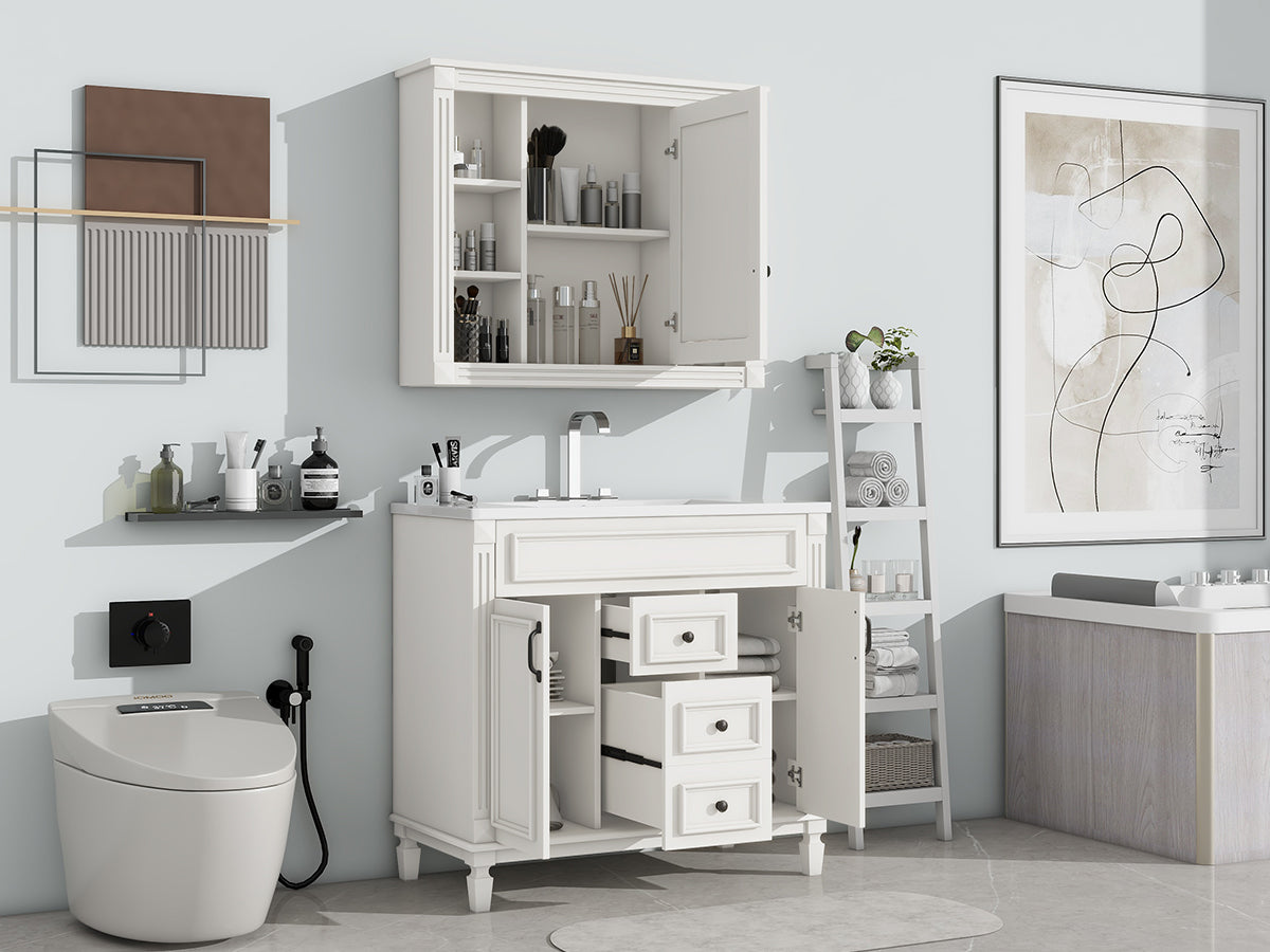 36'' Bathroom Vanity with Top Sink, White Mirror Cabinet, Modern Bathroom Storage Cabinet with 2 Soft Closing Doors and 2 Drawers, Single Sink Bathroom Vanity