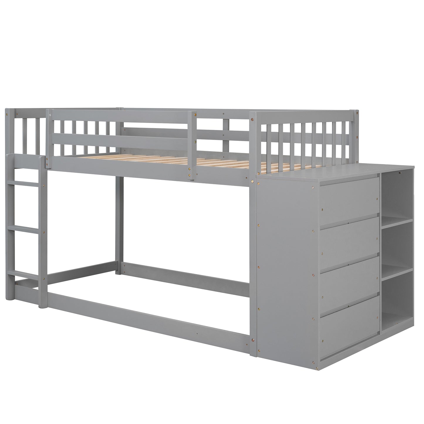 Space-Saving Gray Twin Bunk Bed with Storage and Built-in Shelves for Twin over Twin Configuration