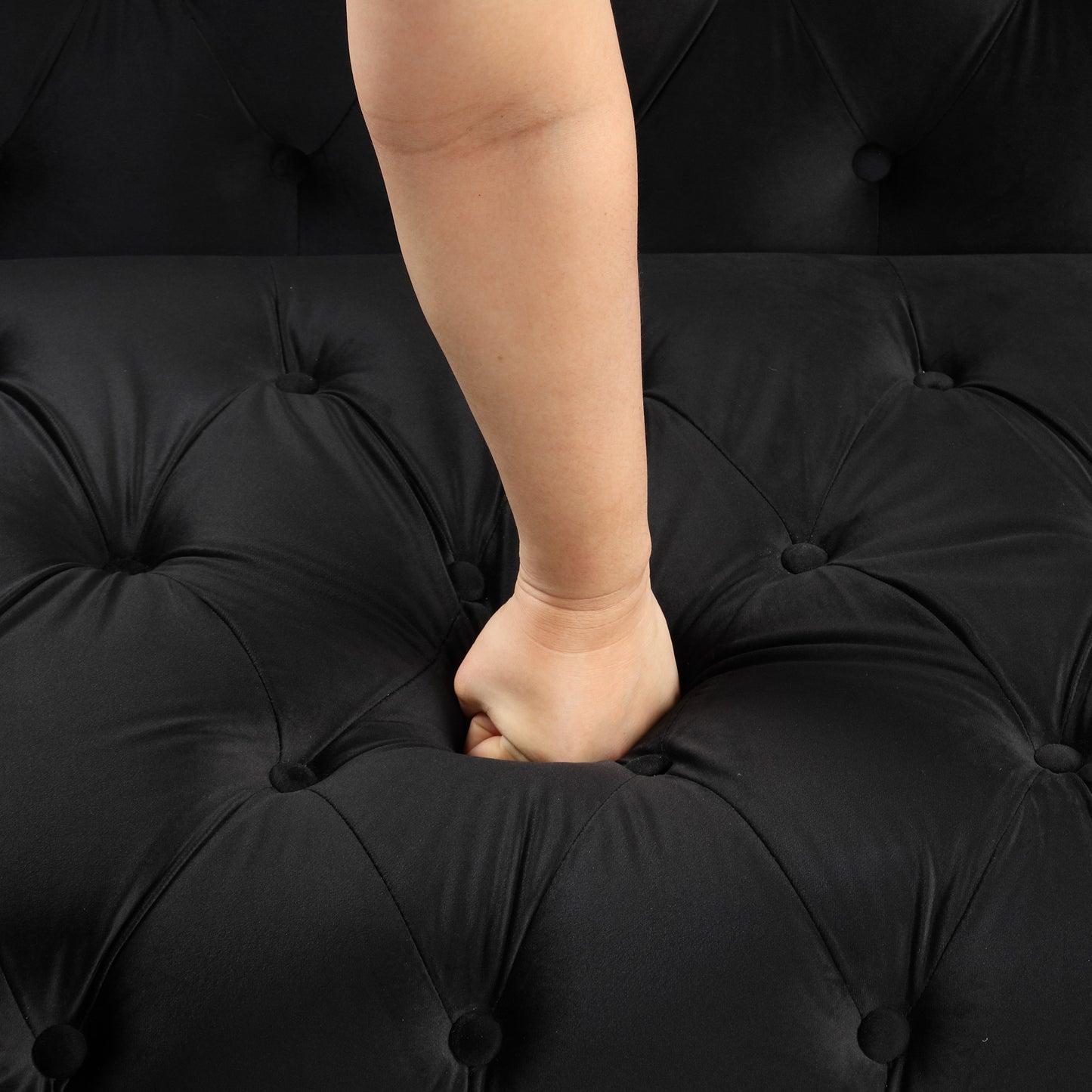 33.5 Plush Button Tufted Black Modern Sofa with Metal Legs