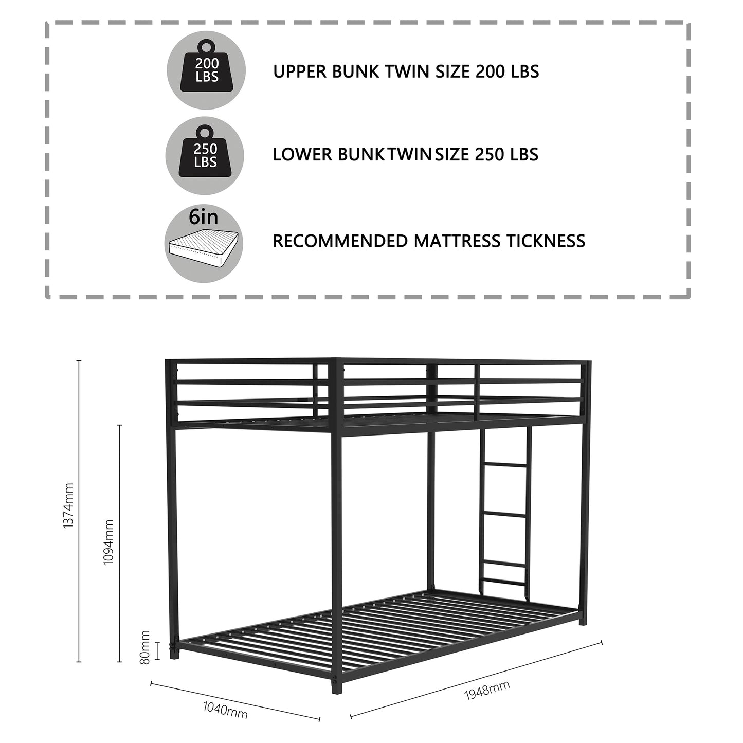 Adam Twin over Twin Metal Bunk, Black