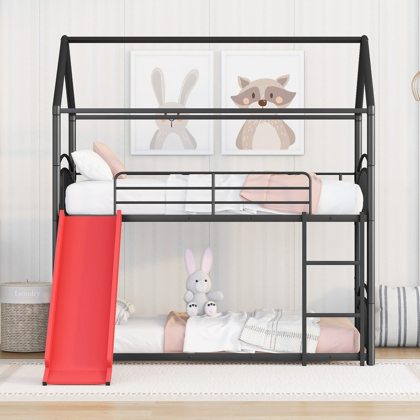 Whimsical Kids Slide Bunk Bed Twin Over Twin Black+Red