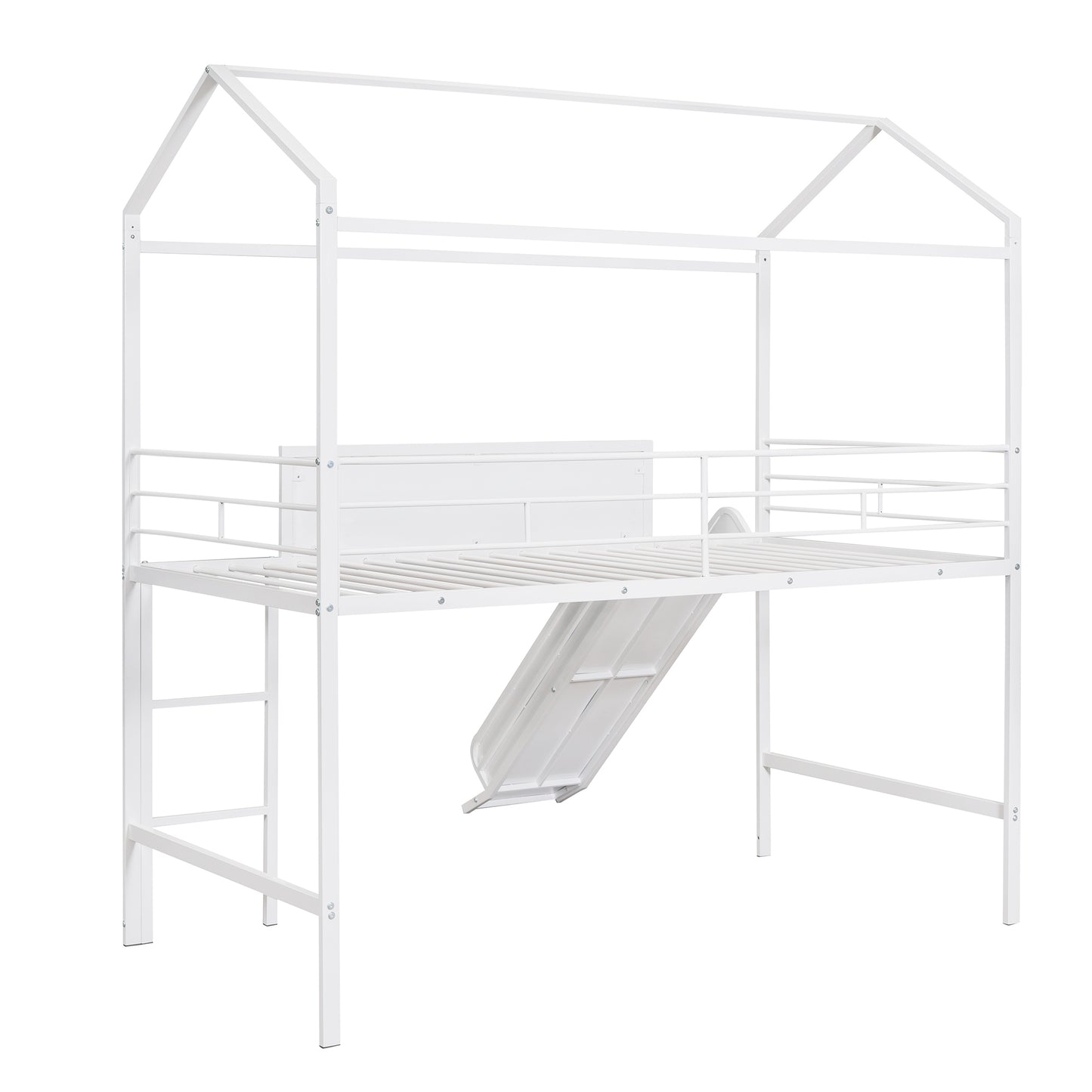 Metal House Bed With Slide, Twin Size Metal Loft Bed with Two-sided writable Wooden Board (White )