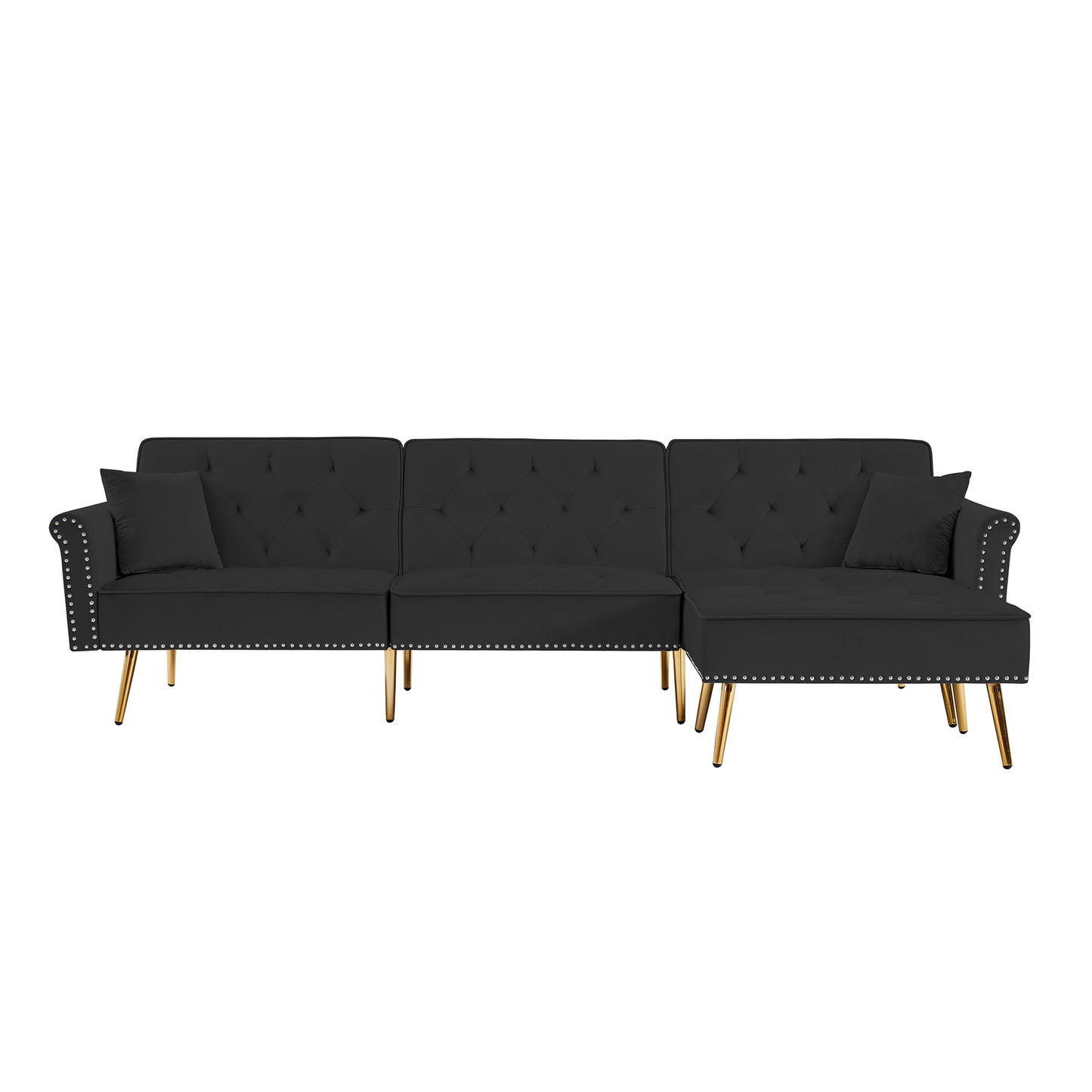 Modern Velvet Upholstered Reversible Sectional Sofa Bed , L-Shaped Couch with Movable Ottoman and Nailhead Trim For Living Room. (Black)